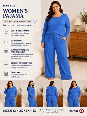 Auden Women’s Plus Size Blue Pajama Top Long Sleeve 1X 2X 3X 4X